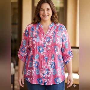 Ruby Rd Plus Size 2X Pink Ikat Print Pleated Button-Up Blouse Roll-Tab Sleeves